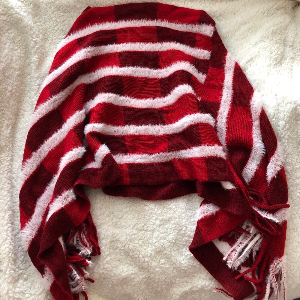 Red & White Poncho w/ Fringe